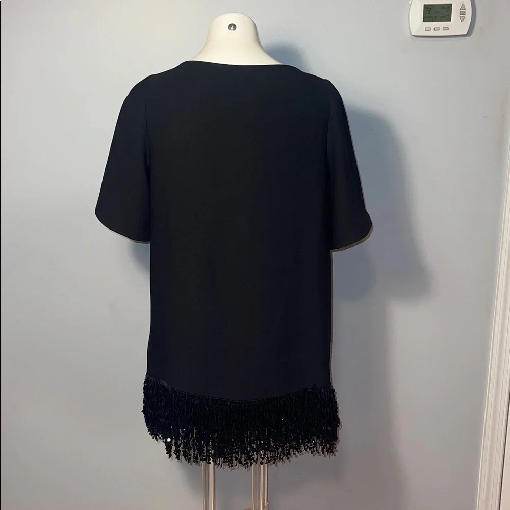 Kate Spade New York Bateau Neckline Mini Dress. Black fringe hemline. Large